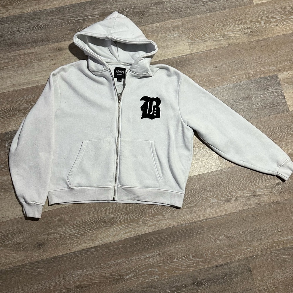 Boohoo MAN White Zip-Up Hoodie with Black LB Lettering